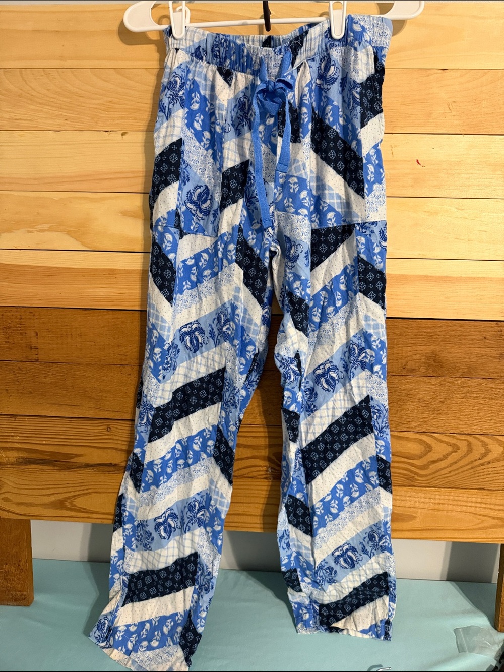 Women's Blue Patterned Pull-On Pajama Pants with Drawstring
